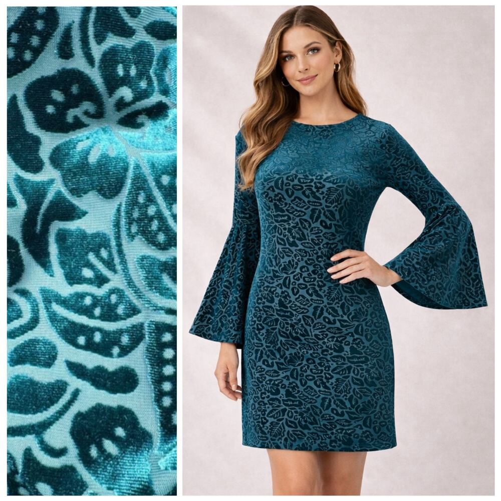 Adrienne Vittadini Teal Green Velvet Bell Sleeve Cocktail Dress Party Holiday S